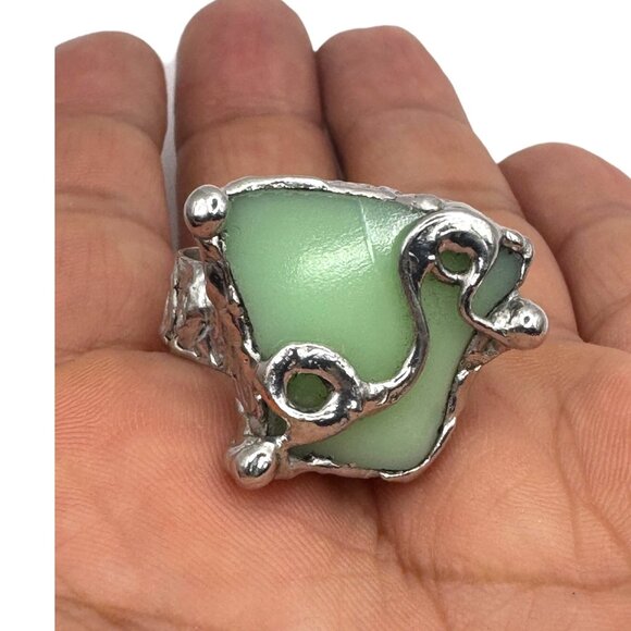 Uranium Glass Silver-Blend Statement Ring Artisan Handcrafted Glows W/ UV Light - Picture 9 of 14